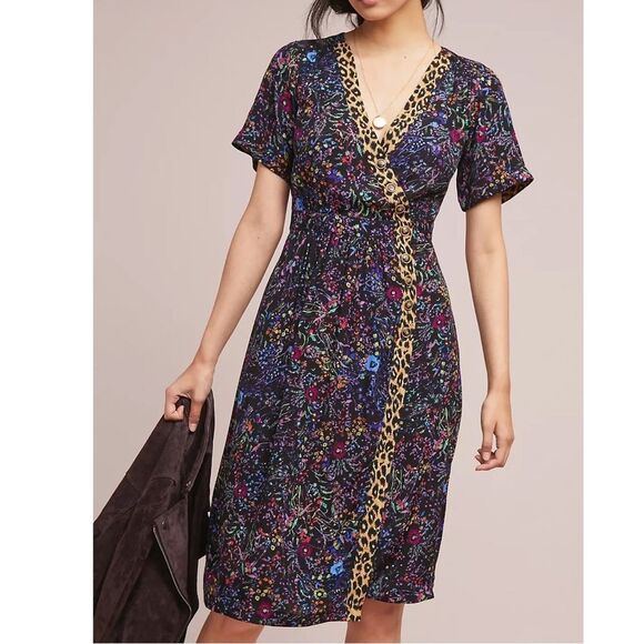 Anthropologie Maeve Floral Leopard Dress Faux Wrap Morgan Midi Size 0 - Picture 1 of 9